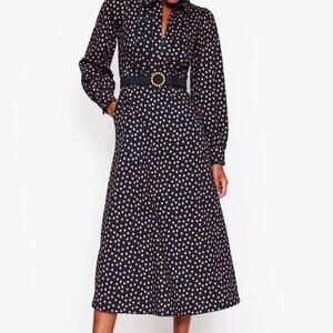Boden Dress Women’s Polka Dot Pip Zip Up Ponte Midi Size 8 Navy Tan